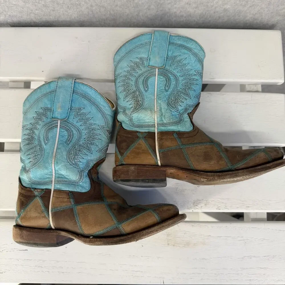 HP Western Boots Girls Size 1 Blue Brown Leather Embroidered Cowboy